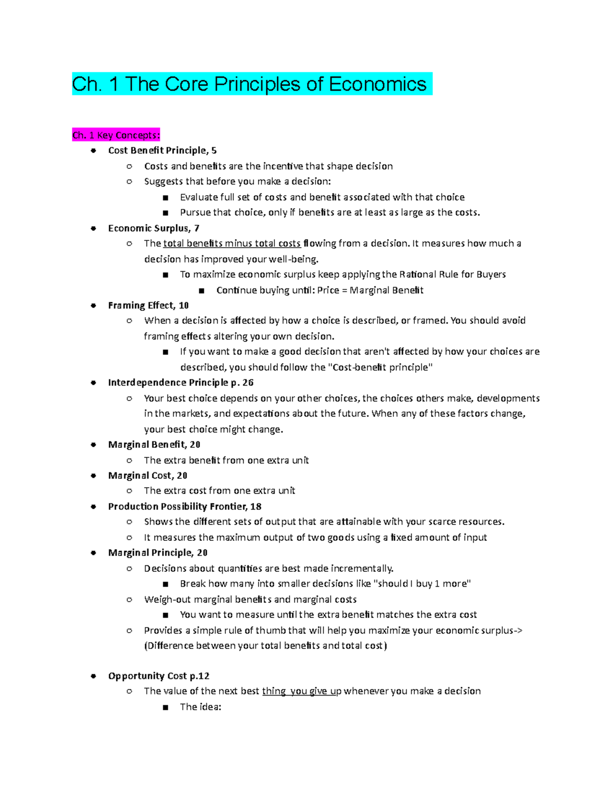 Econ - econ notes - Ch. 1 The Core Principles of Economics Ch. 1 Key ...