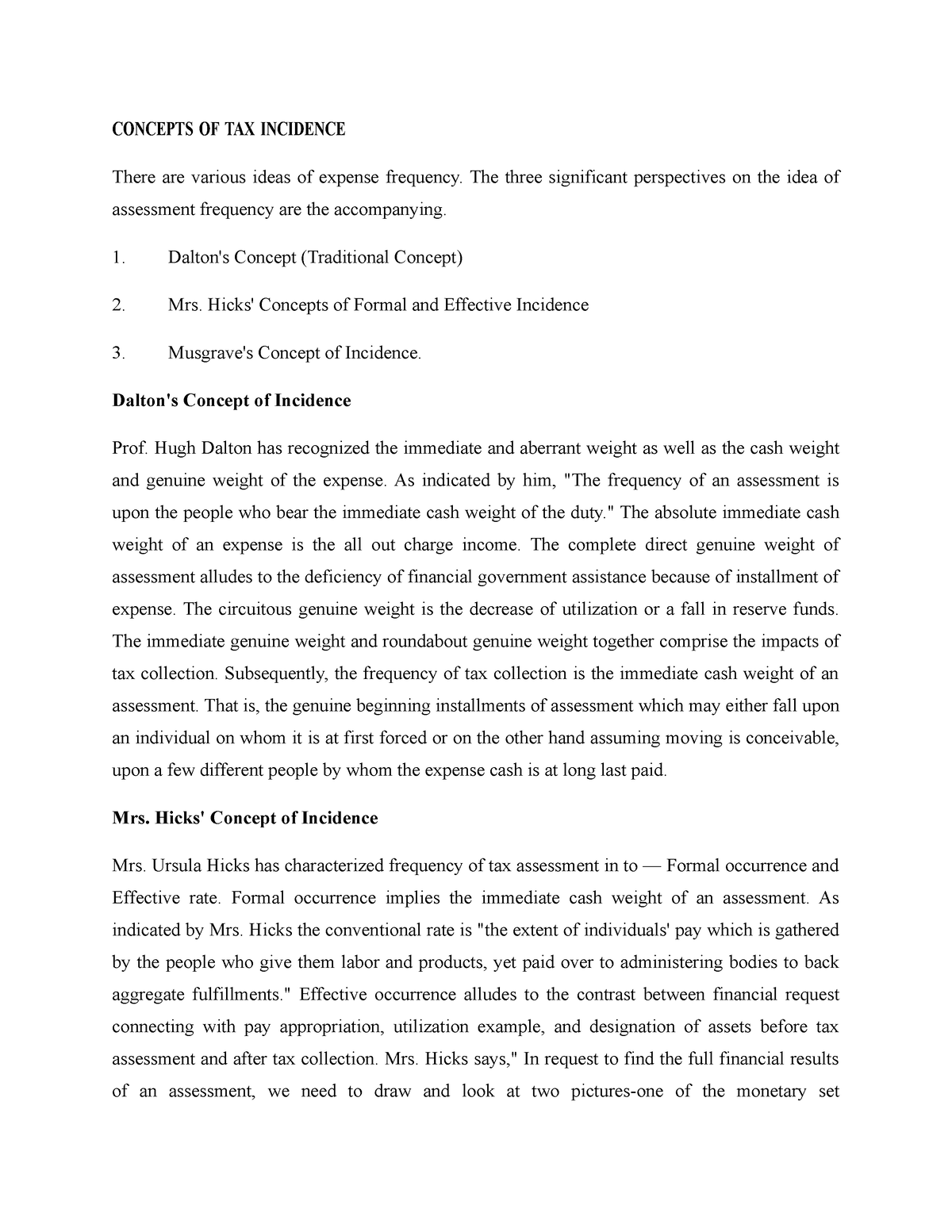 Concepts Of Tax Incidence - CONCEPTS OF TAX INCIDENCE There Are Various ...