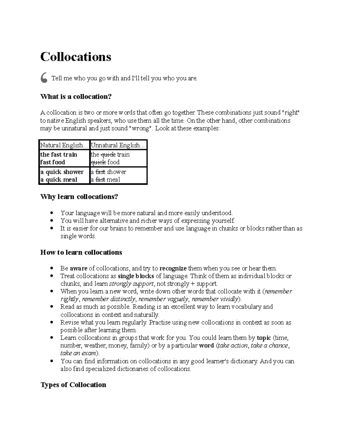 Collocations - Collocations Tell me who you go with and I'll tell you ...
