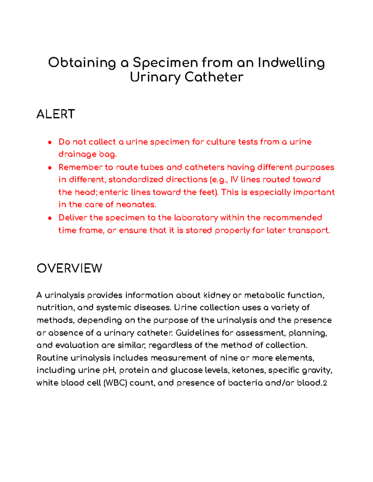 Obtaining A Specimen From an Indwelling Catheter Obtaining a Specimen