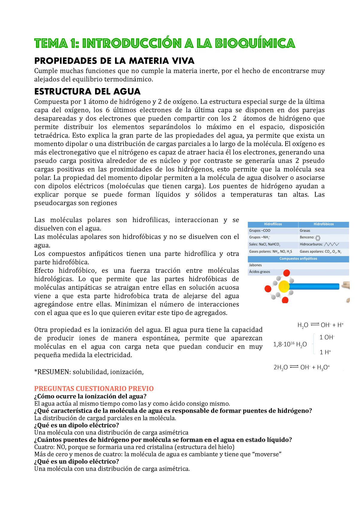 Bioquímica Apuntes Primer Parcial 2022 Tema 1 Introducción A La