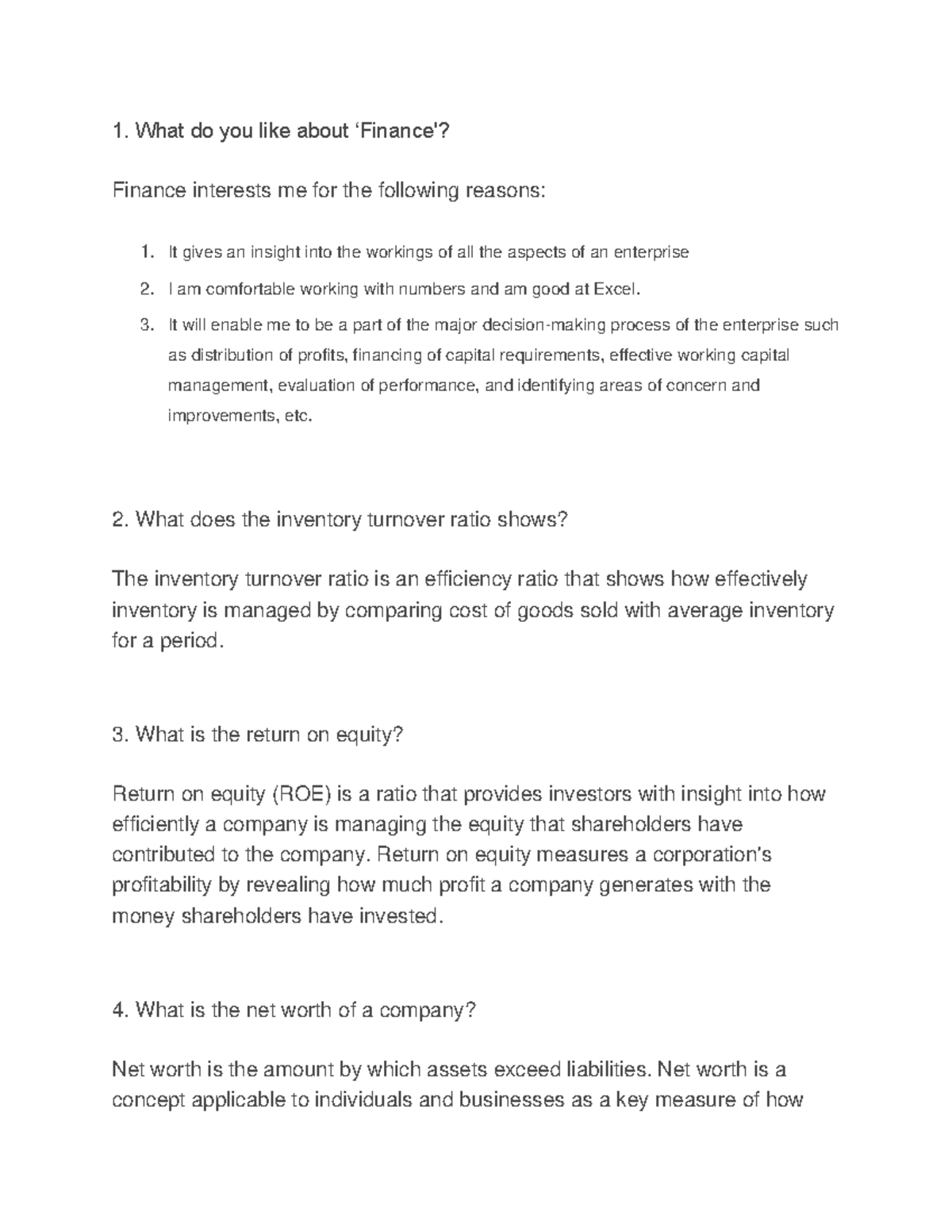Finance notes 1 - 1. What do you like about ‘Finance'? Finance ...