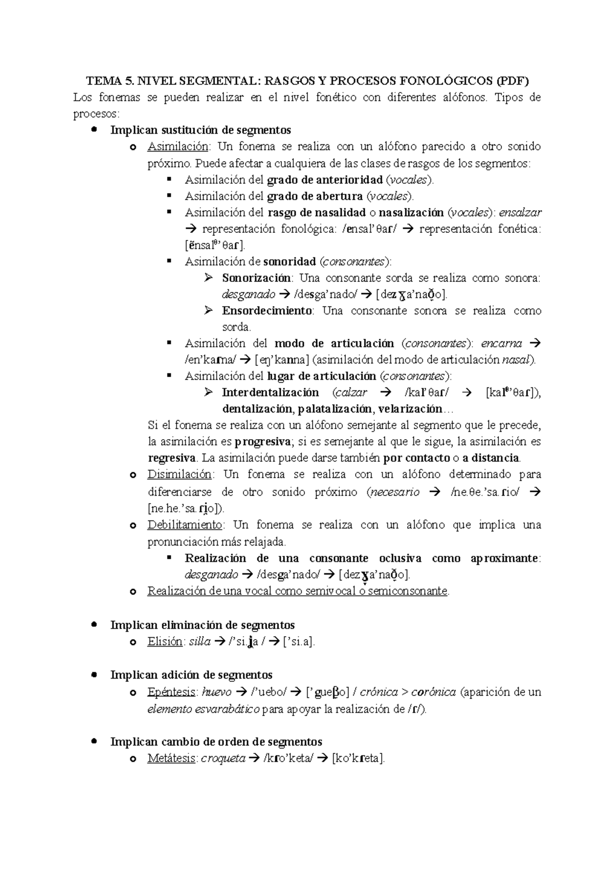 TEMA 5. Procesos Fonológicos - TEMA 5. NIVEL SEGMENTAL: RASGOS Y ...