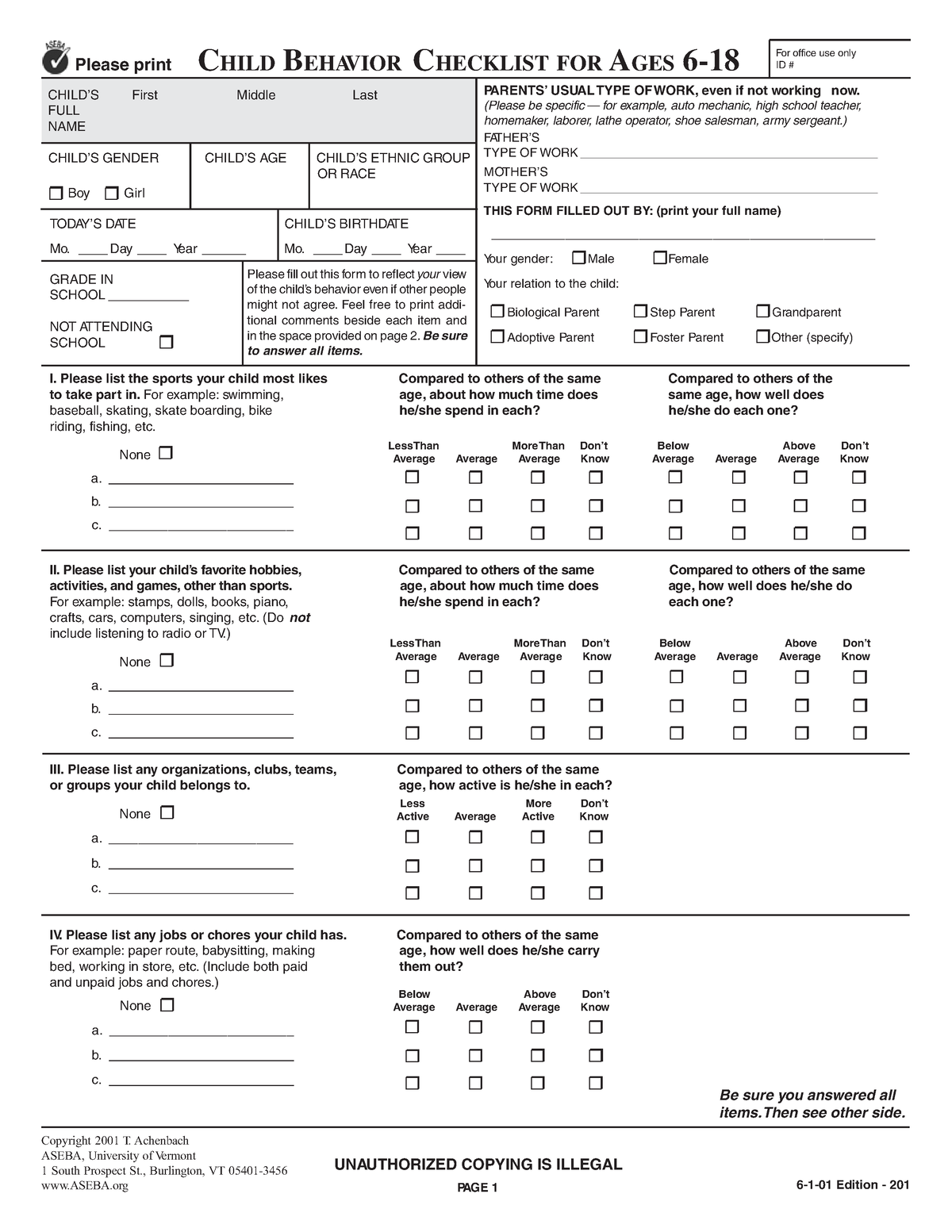 CBCL-6-18 - Psychological Assessment - I. Please List The Sports Your ...