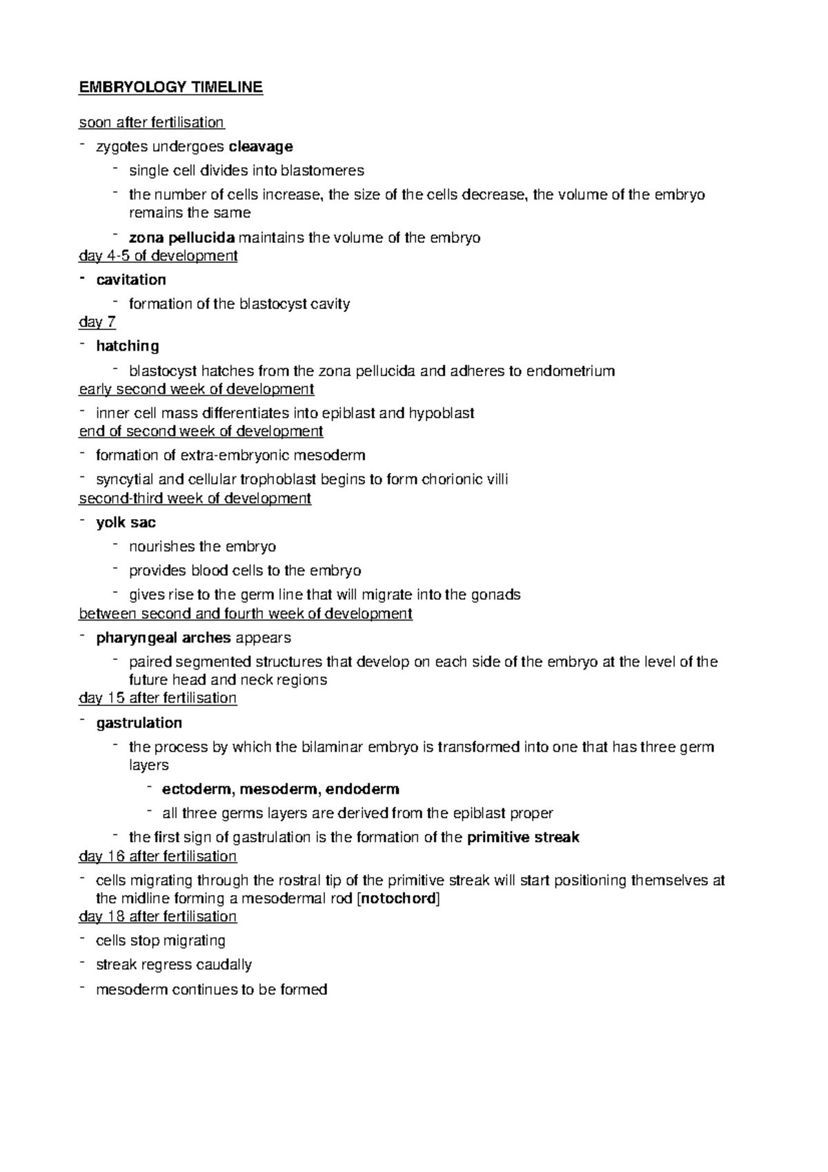 Embryology Timeline - Lecture notes 1 - EMBRYOLOGY TIMELINE soon after ...