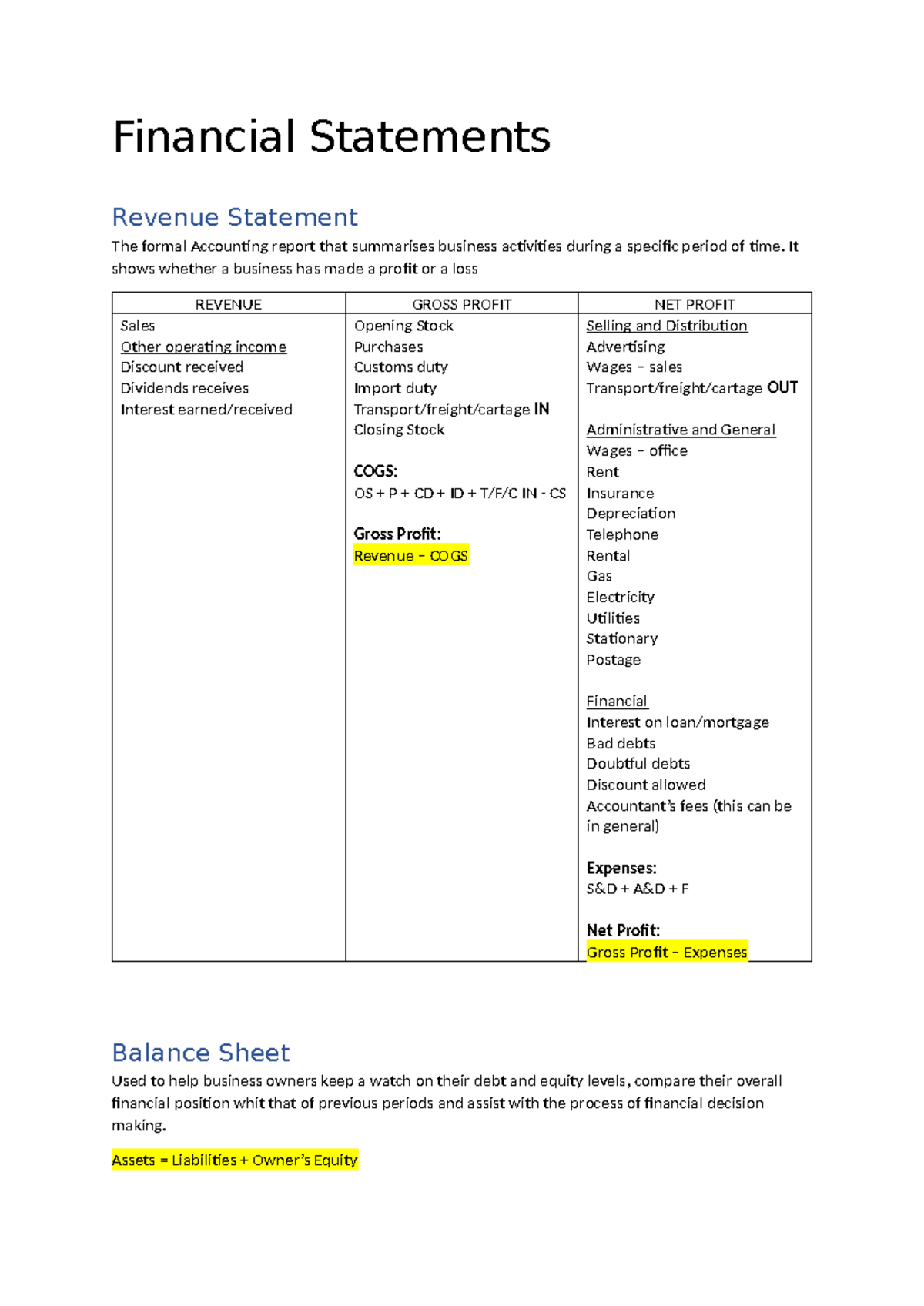 Financial Statements - Balance Sheet, Cash Flow Statement, Income ...