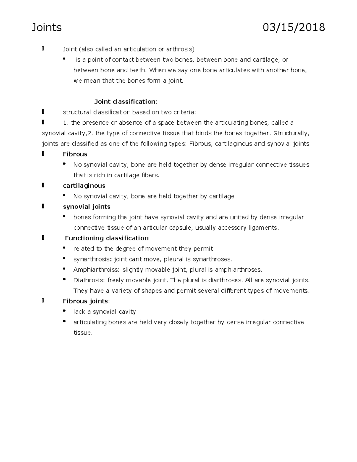Chapter 9-bio 235 - Lecture notes 9 - Joints 03/15/ Joint (also called ...