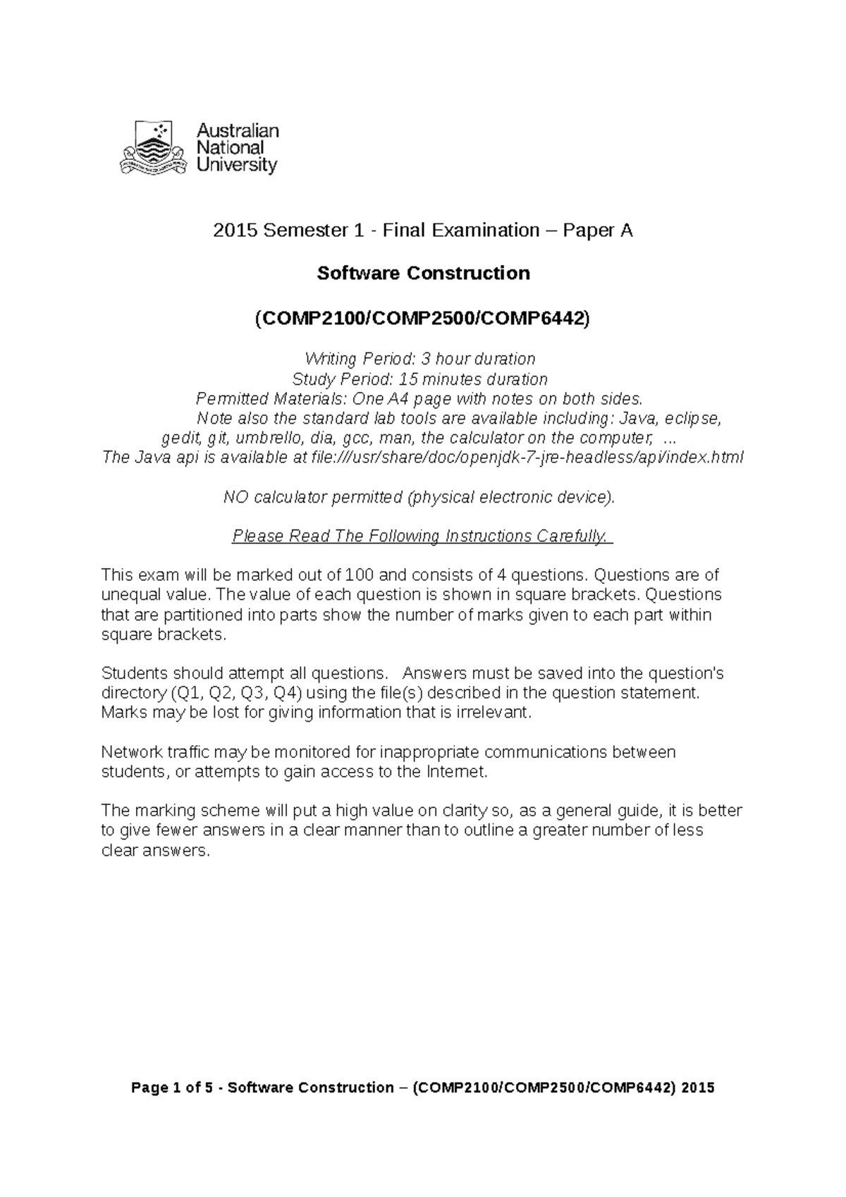 Exam 2015, Questions - Semester 1, Version A - 2015 Semester 1 - Final ...