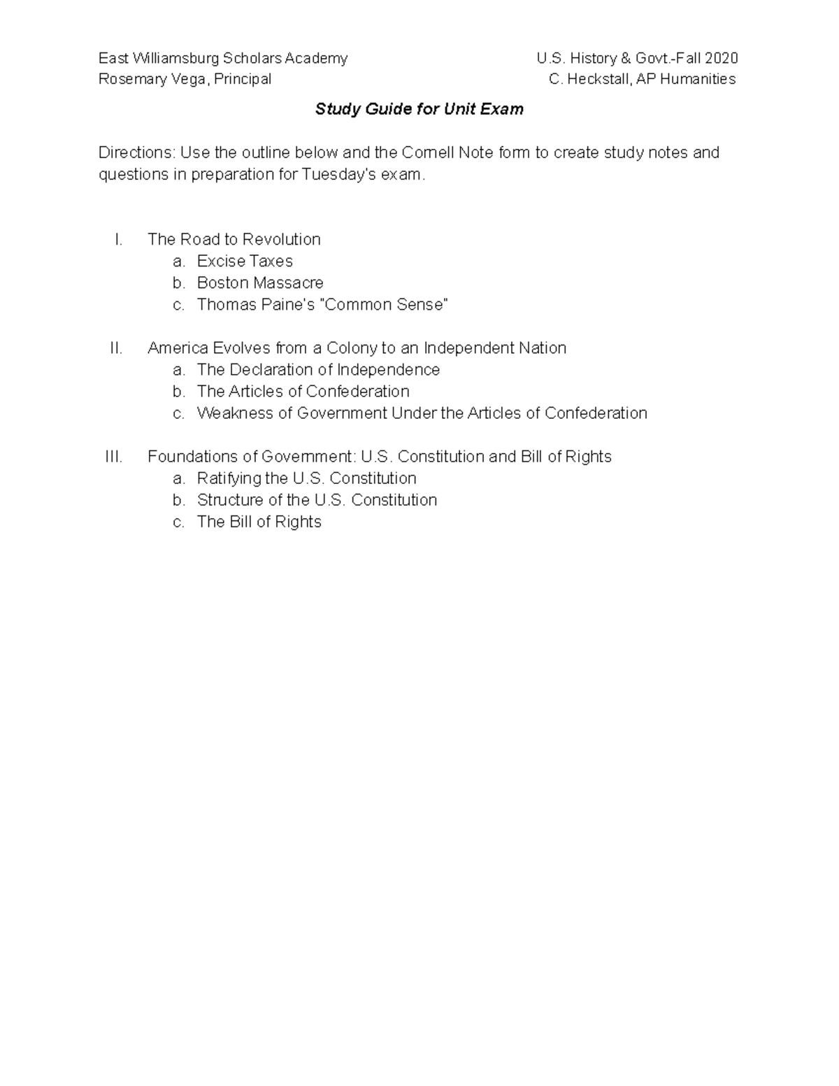 Anisa White - ( English) Study Guide for Unit Exam-12 - East ...