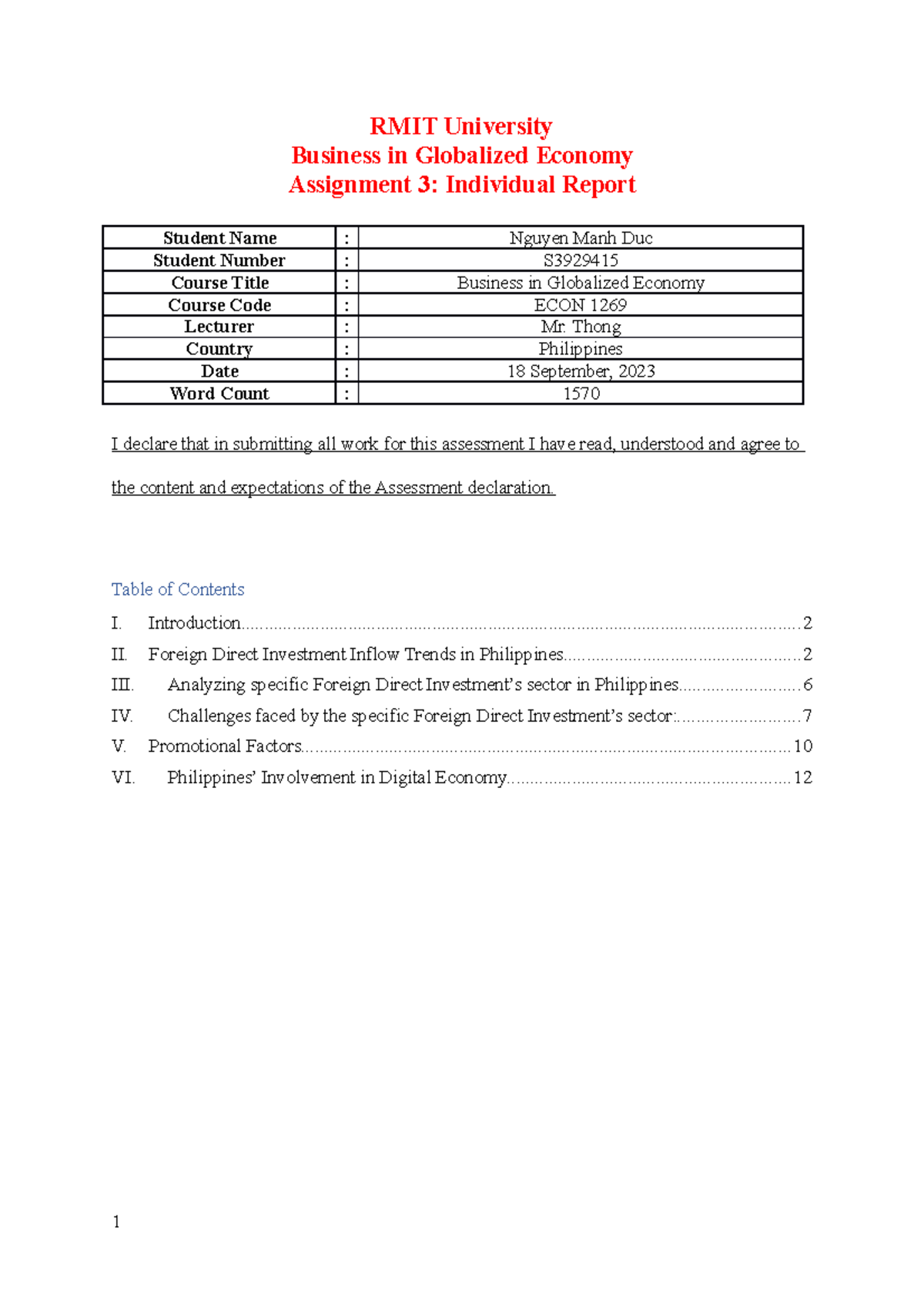 global trade operations rmit assignment 1