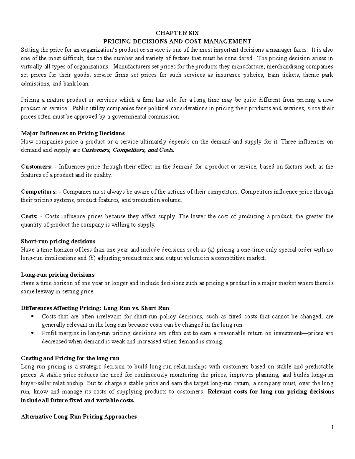 Ch6 Pricing Decision - Lecture - Chapter Six Pricing Decisions And Cost 