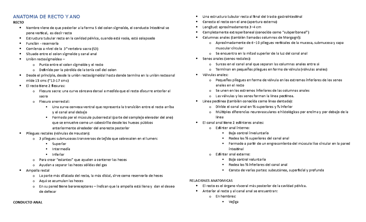 Examen Gastro Recto Y ANO - ANATOMIA DE RECTO Y ANO RECTO  Nombre viene de  que posterior a la forma - Studocu