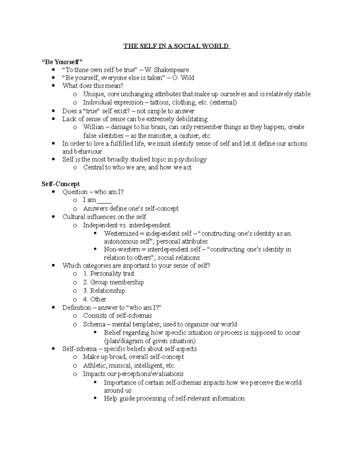 Social Psychology Chapter 2 - Lecture notes Lecture 1 - THE SELF IN A ...