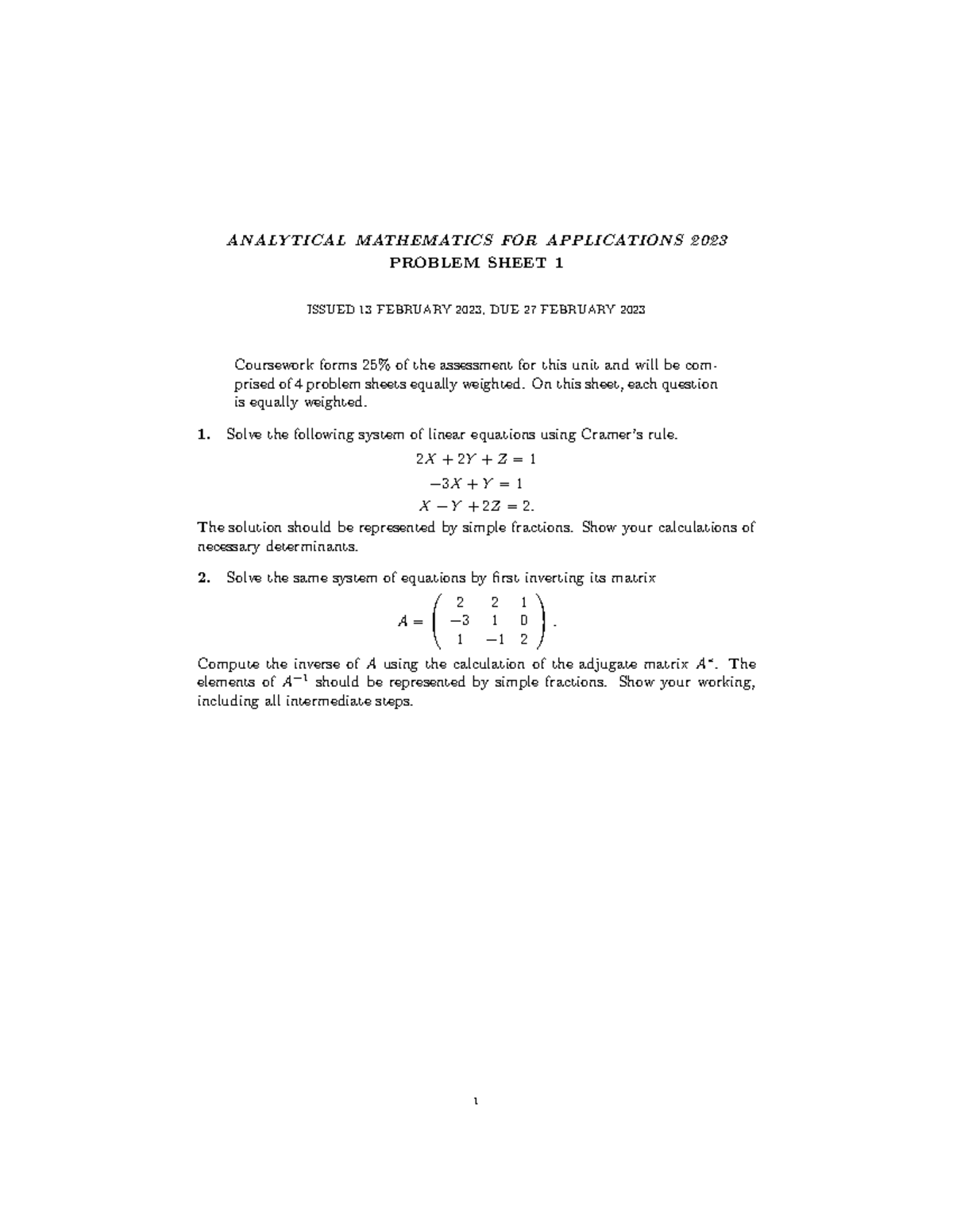 Problem sheet 1 - ANALYTICAL MATHEMATICS FOR APPLICATIONS 2023 PROBLEM ...