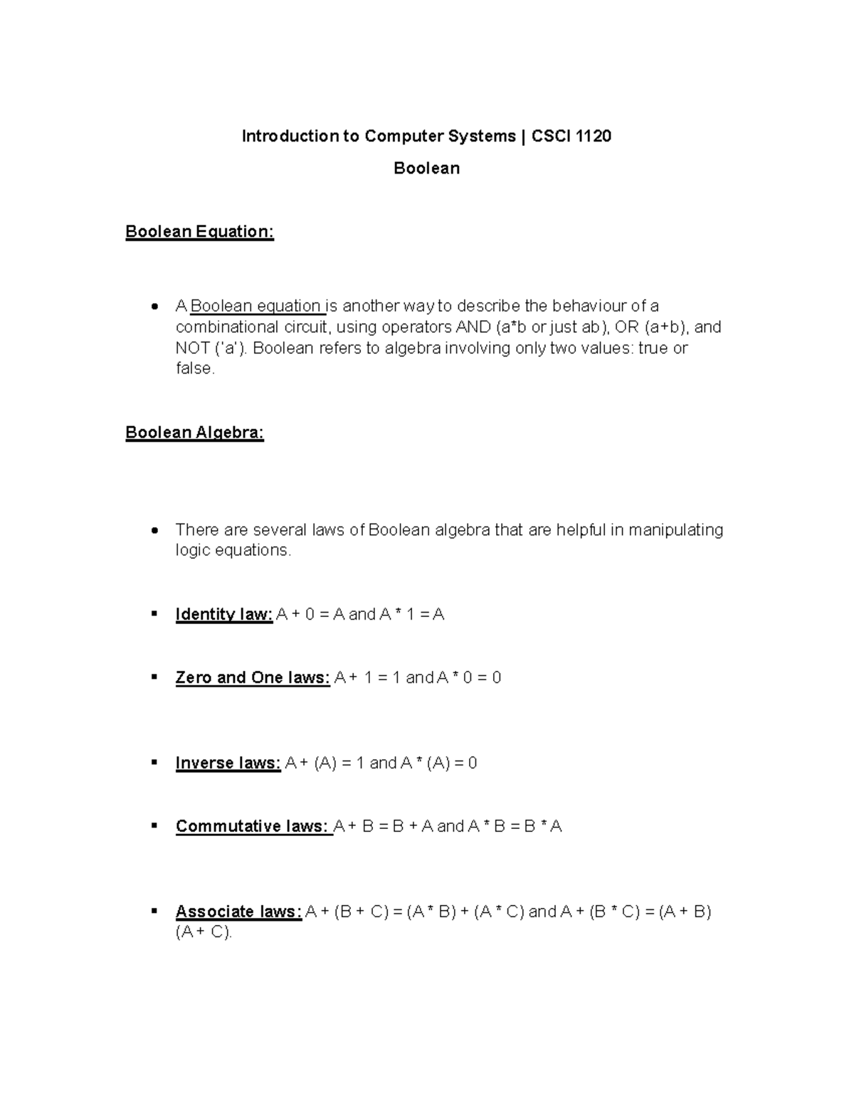 CSCI 1120 Notes 2 - Boolean Defined Of Boolean Equation And Boolean ...