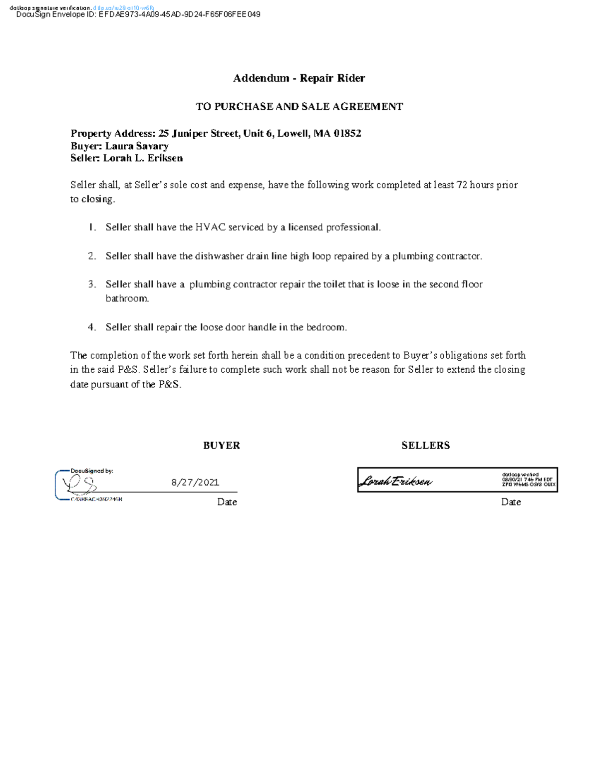 Fully Executed Repair Agreement template - Addendum - Repair Rider TO PURCHASE AND SALE ...