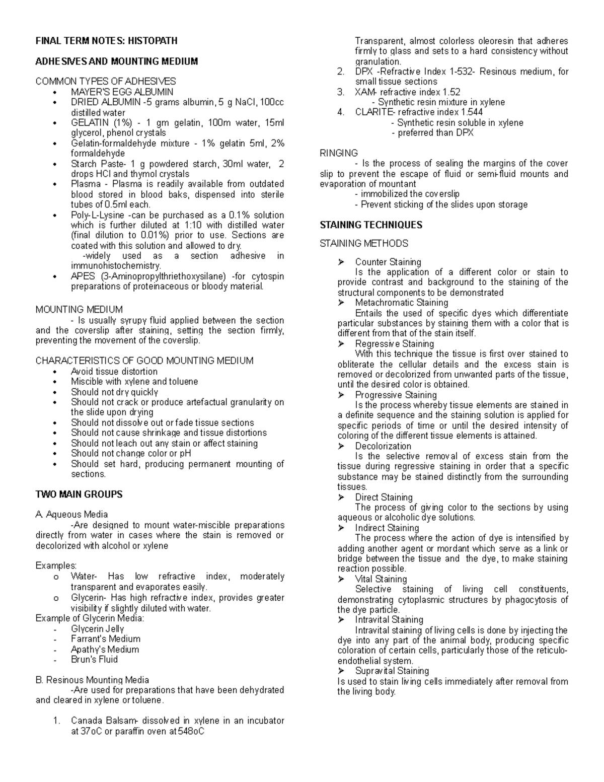 Final TERM Notes- Histopath - Medical Technology - SWU - Studocu