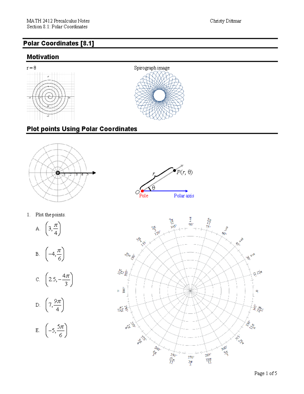 Notes 8-1 Polar Coordinates - Section 8: Polar Coordinates Polar ...