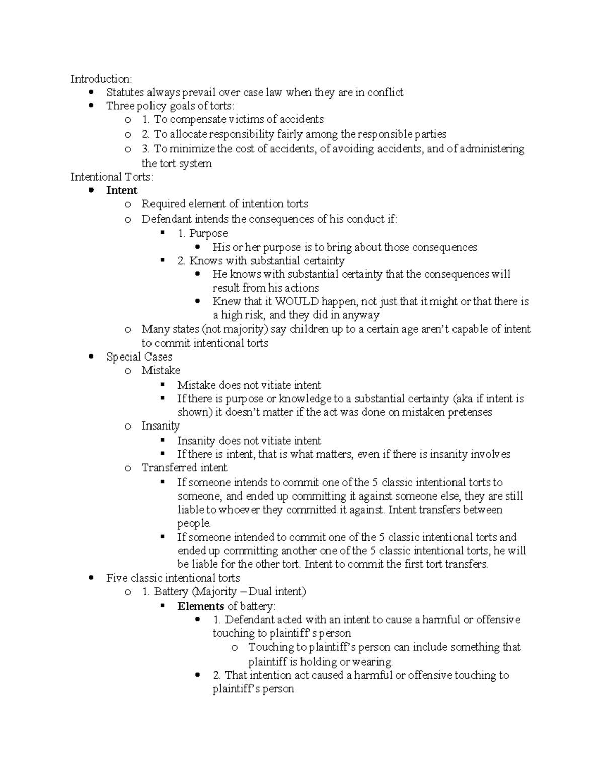 Torts Outline Kalt copy Introduction Statutes always prevail over
