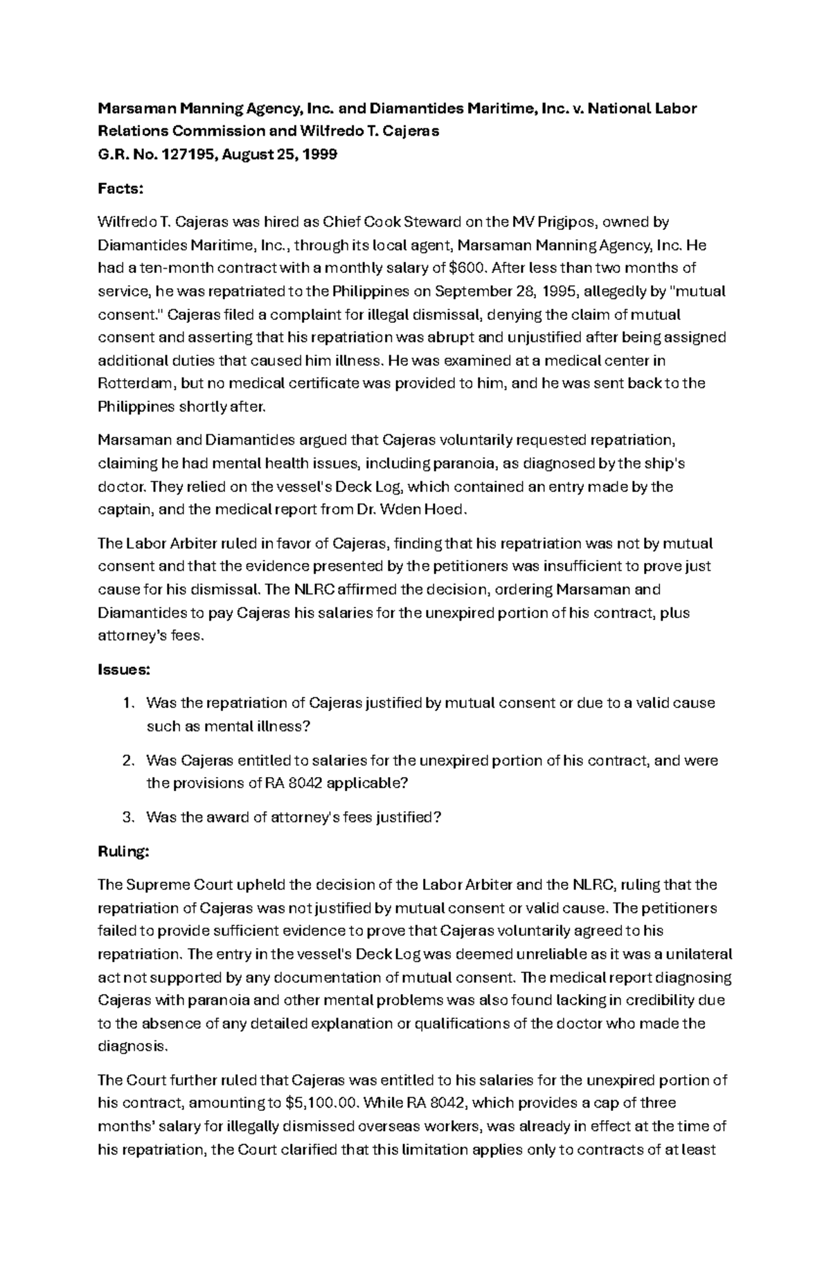 Marsaman Manning Agency, Inc. vs. NLRC, 313 SCRA 88, August 25, 1999 ...