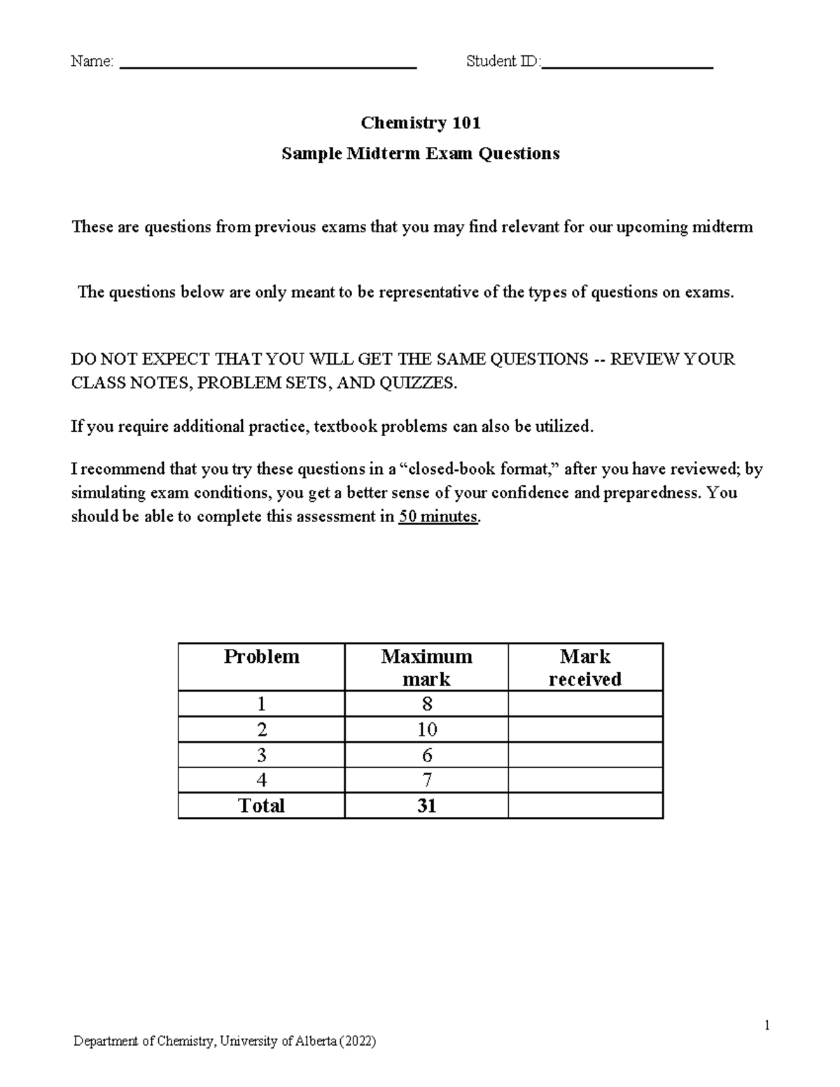 Sample Midterm 1 - Chem 101 Practice Materials - 1 Chemistry 101 Sample ...