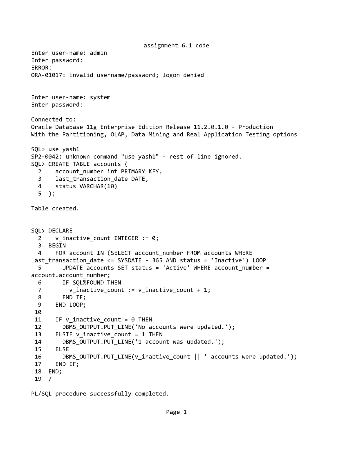 6 - for dbms subject se - assignment 6 code Enter user-name: admin ...