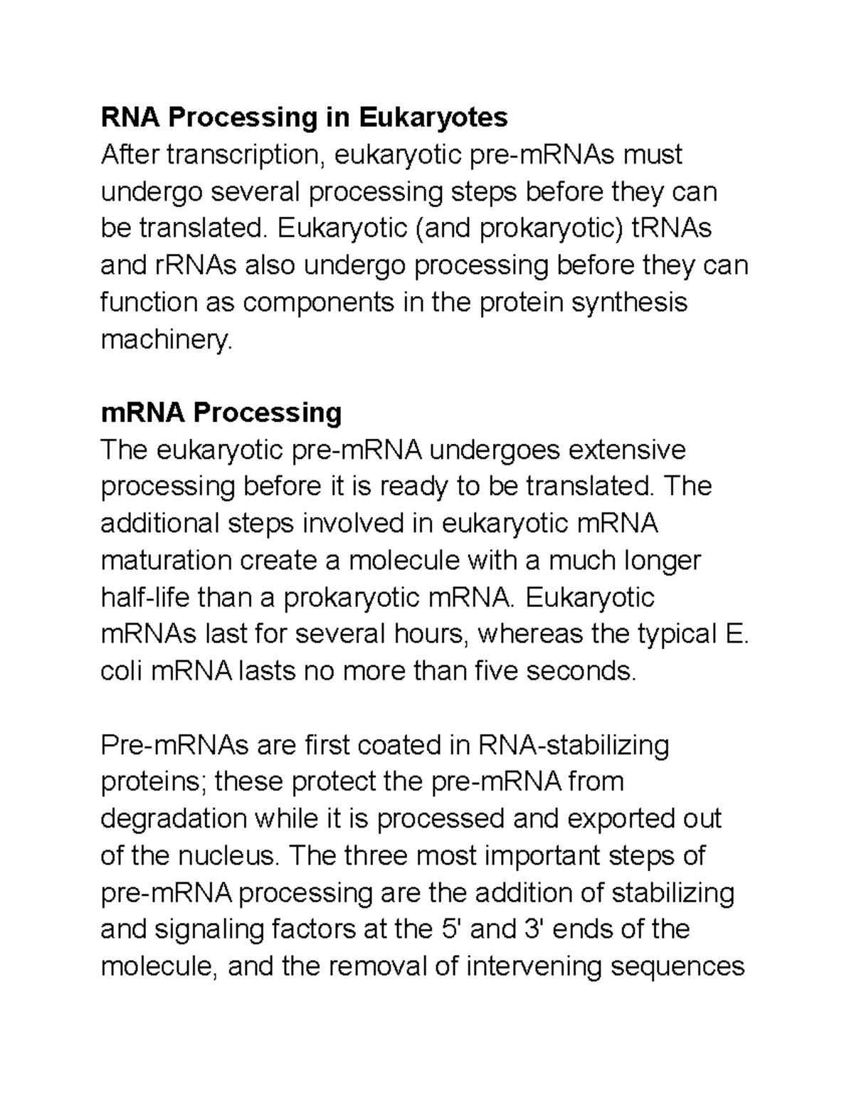 BIOL 1345 Module 13 RNA Processing in Eukaryotes - RNA Processing in ...