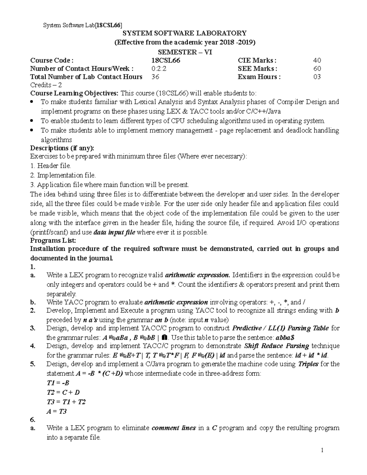 SSLabManualNew Good SYSTEM SOFTWARE LABORATORY (Effective from