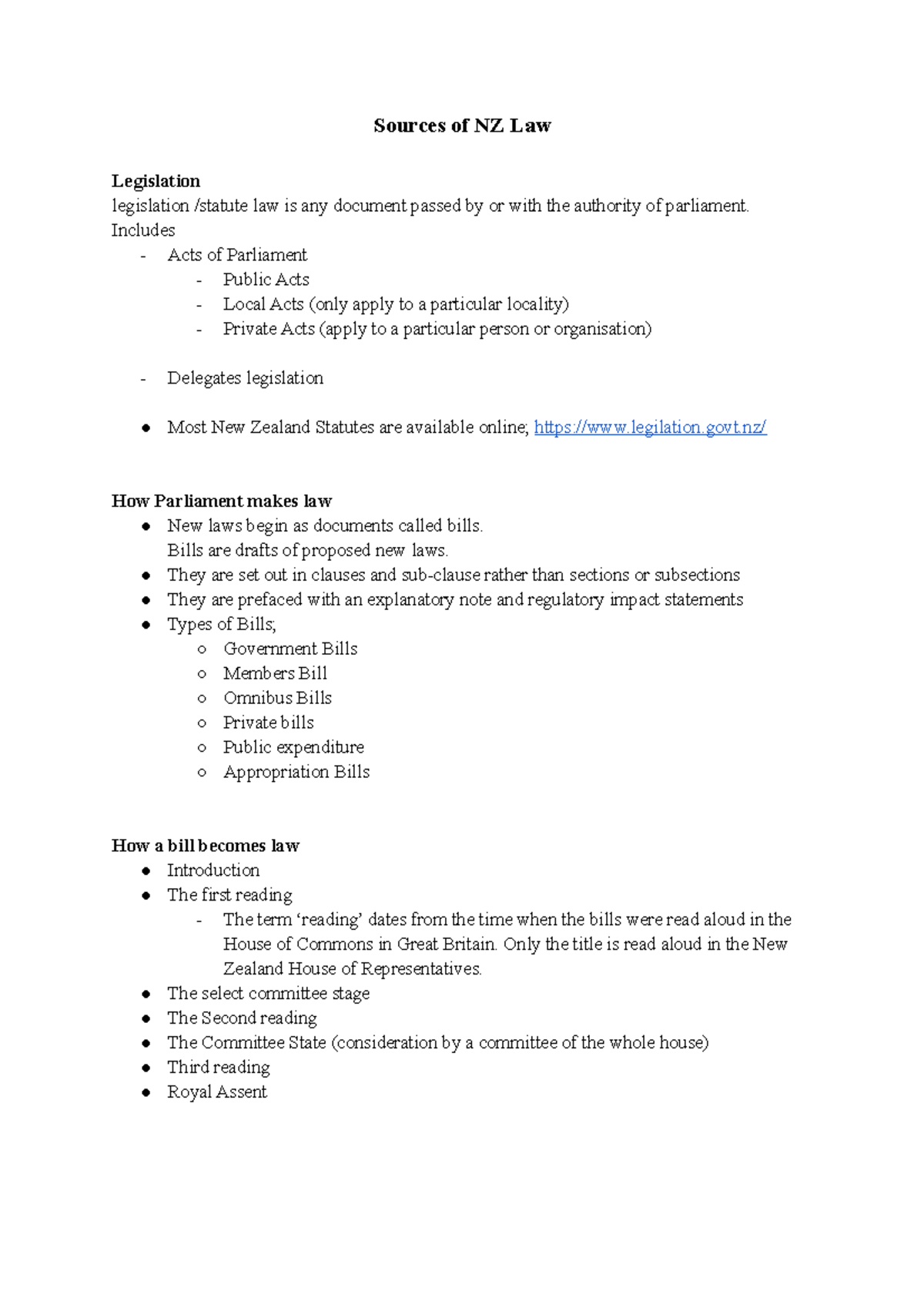 Topic 2 Sources of NZ Law Sources of NZ Law Legislation legislation