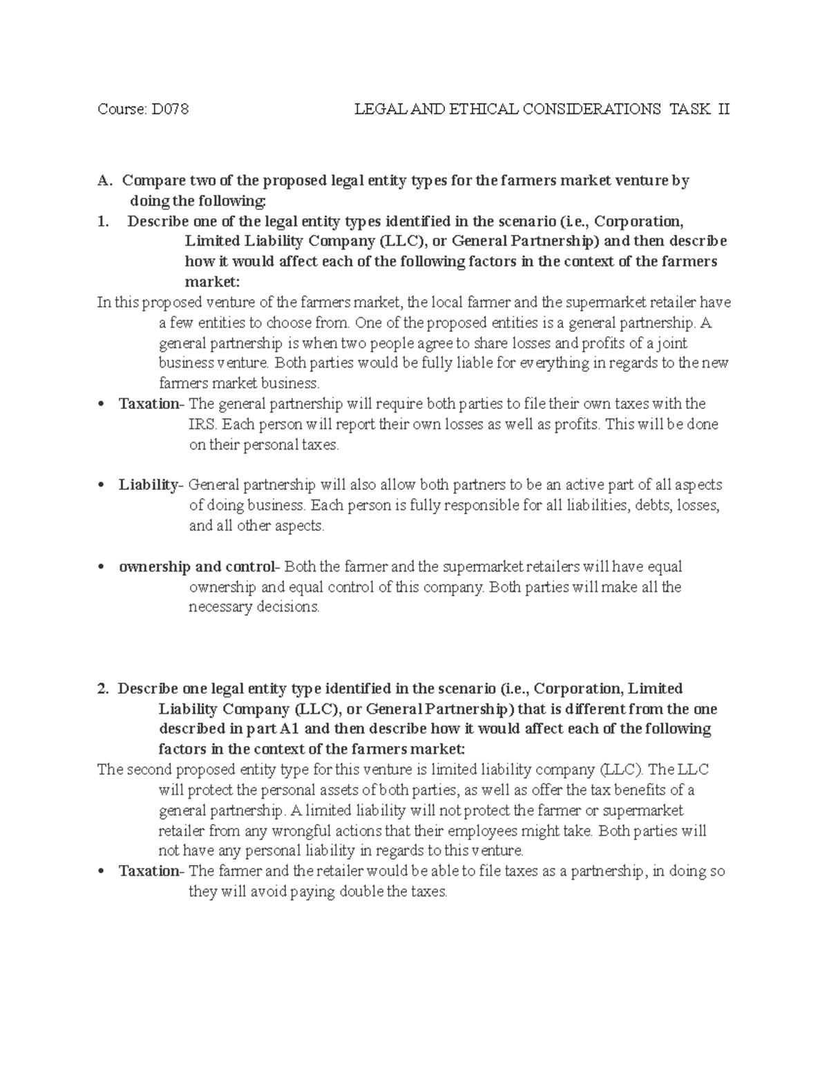 Task II d078 - task 11 - Course: D078 LEGAL AND ETHICAL CONSIDERATIONS ...