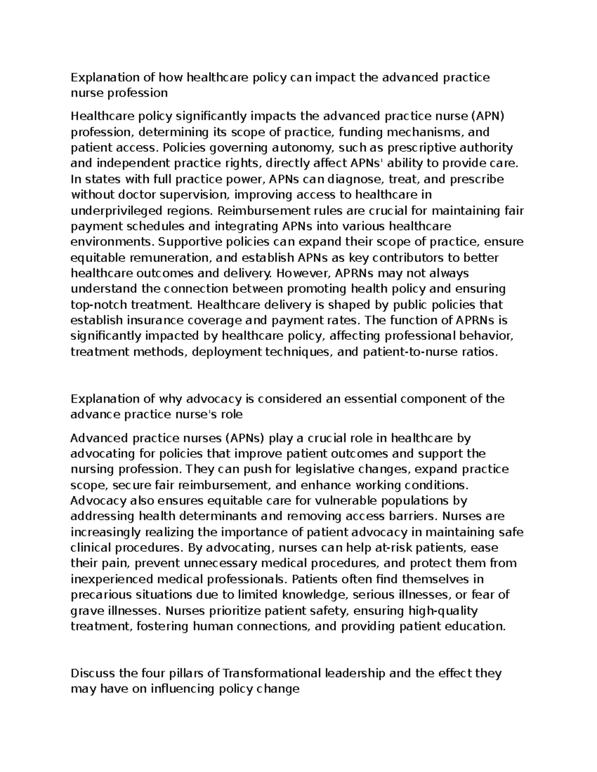 Kumariweek 7 - Explanation of how healthcare policy can impact the advanced practice nurse - Studocu