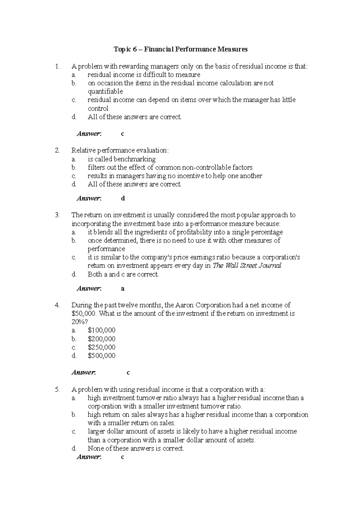 Topic 6 - company accounting - Topic 6 – Financial Performance Measures ...