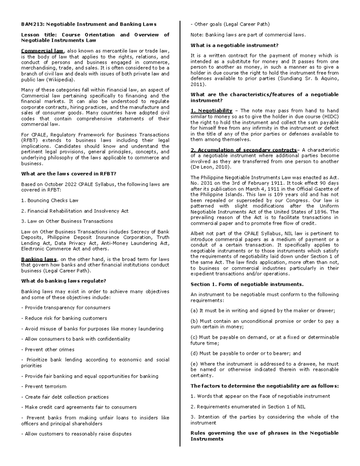 BAM-213 - law - BAM213: Negotiable Instrument and Banking Laws Lesson ...