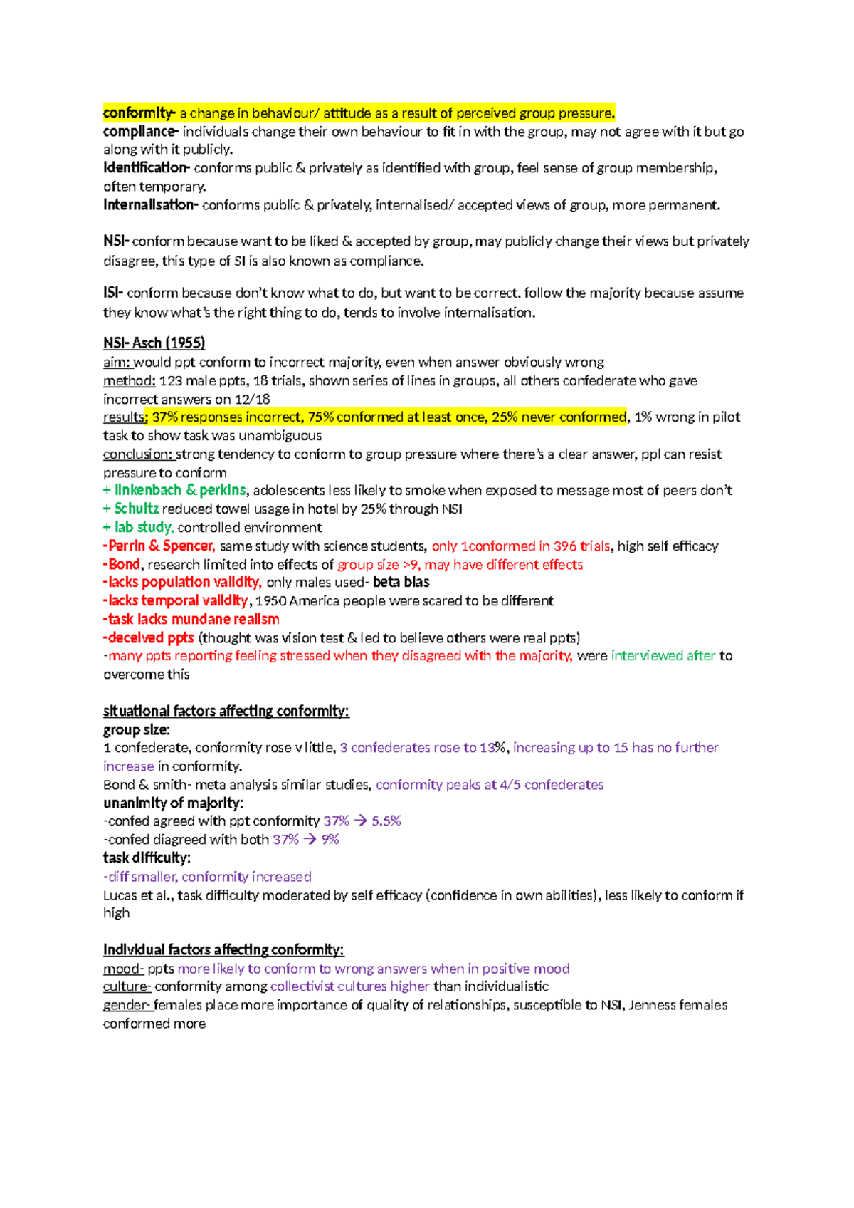 Social influence summary - conformity- a change in behaviour/ attitude ...