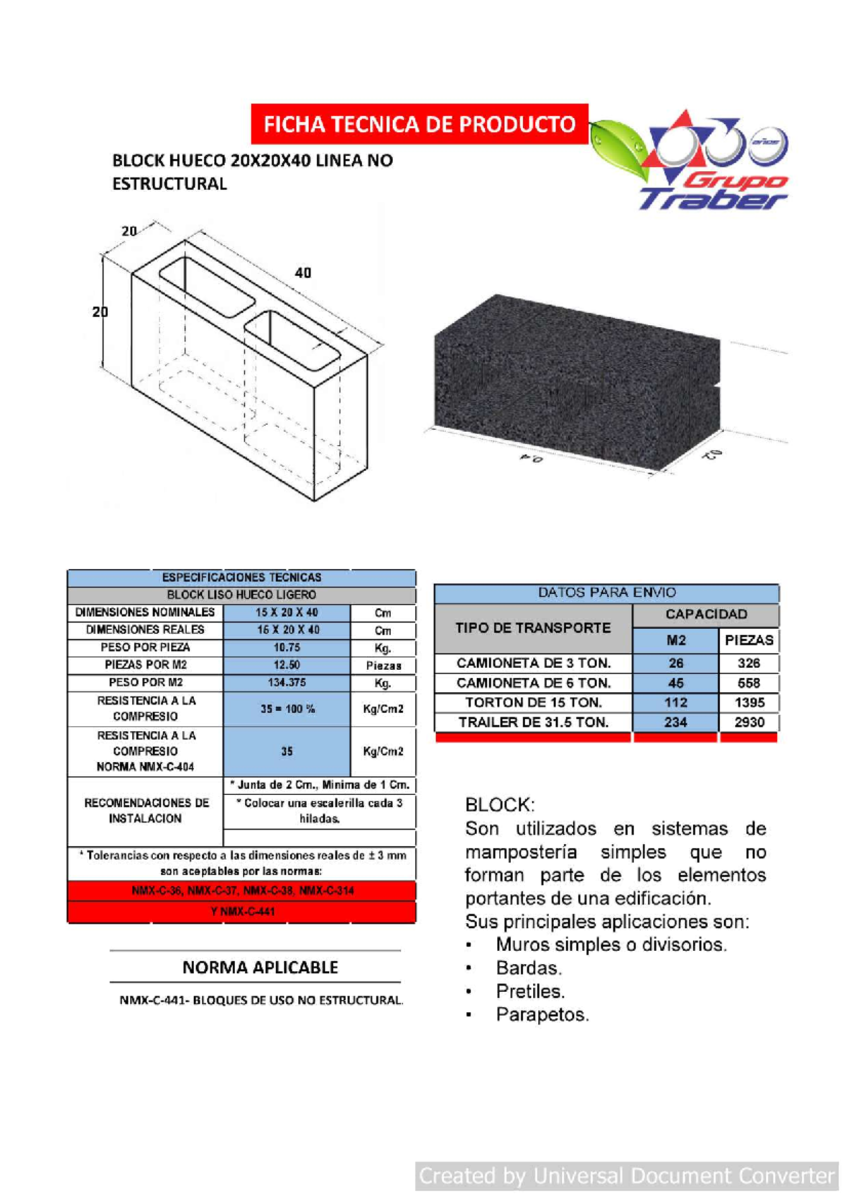 Ficha Tecnica Block Hueco 20X20X40 Linea NO Estructural NMX-C-441 ...