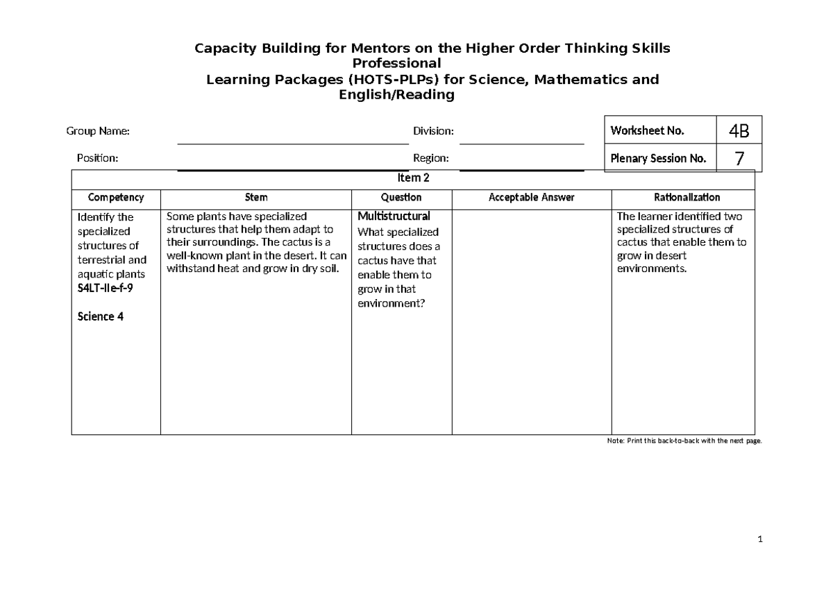 Modified Worksheet 4B Science - Capacity Building for Mentors on the ...