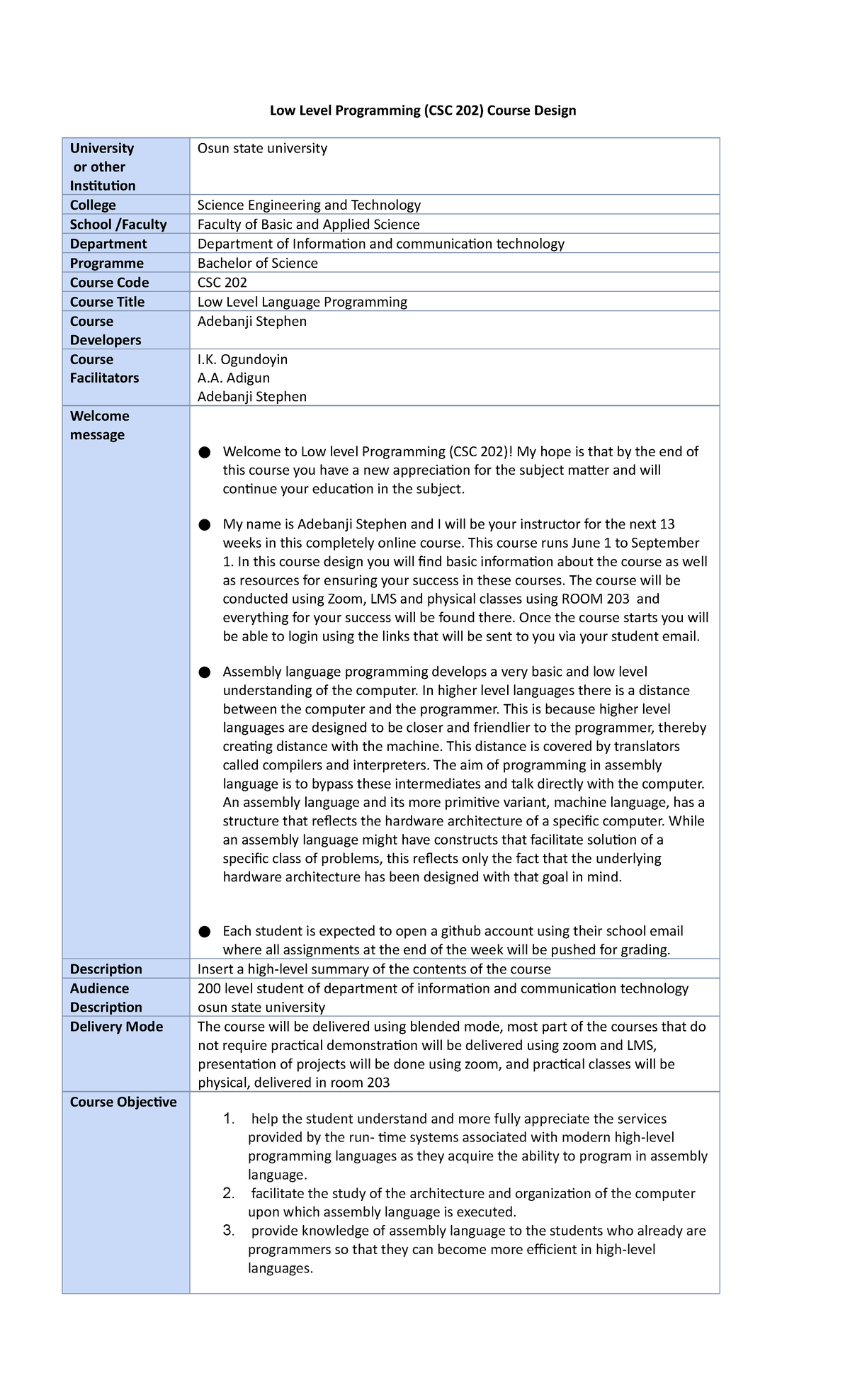 Course Design for CSC 202 - Computer Programming - Studocu