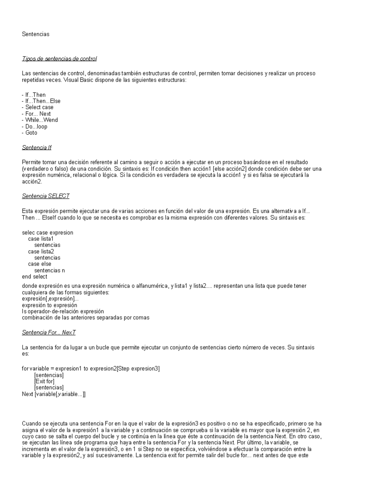 Sentencias Sentencias Tipos De Sentencias De Control Las Sentencias De Control Denominadas