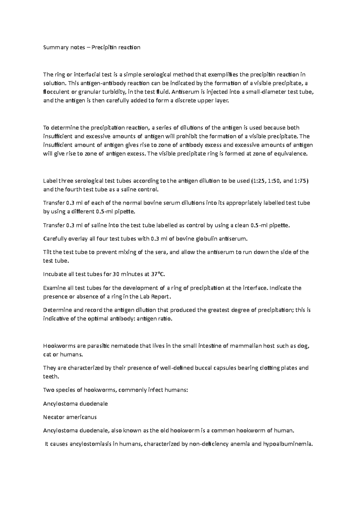 Summary Notes – Precipitin Reaction - Summary Notes – Precipitin 