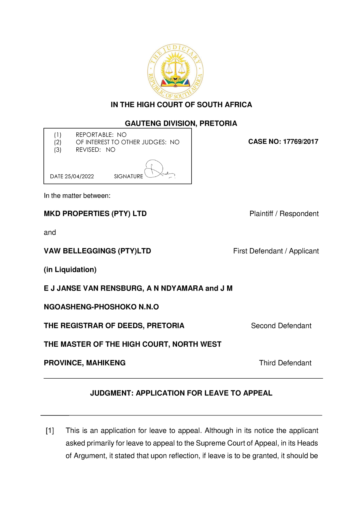 273 mdk - IN THE HIGH COURT OF SOUTH AFRICA GAUTENG DIVISION, PRETORIA ...