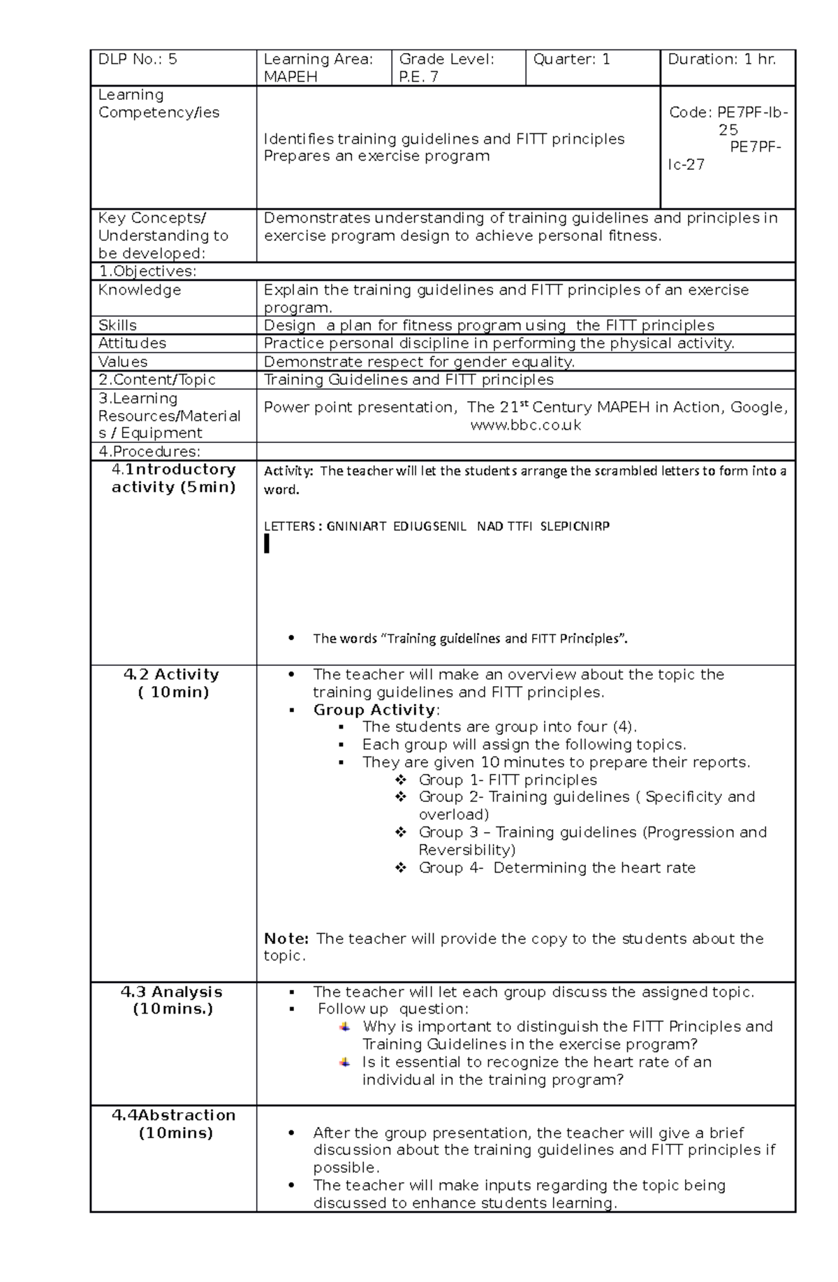 19 pe 7dlp - DLP MAPEH 7 - DLP No.: 5 Learning Area: MAPEH Grade Level ...