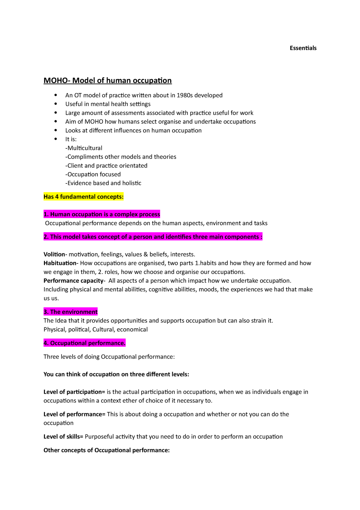 Essentials week 13- MOHO model - Essentials MOHO- Model of human ...