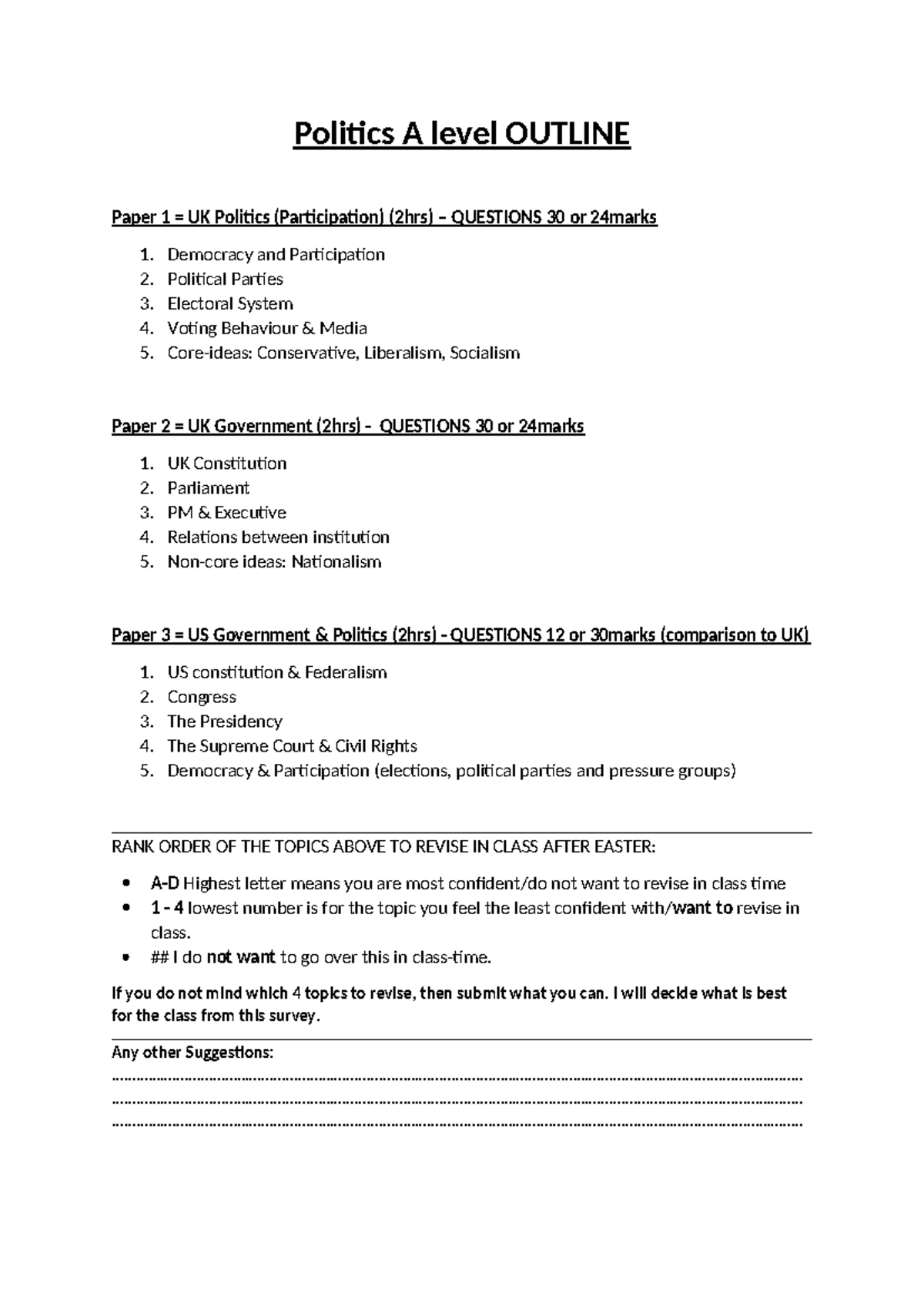 Politics A level - Outline - Politics A level OUTLINE Paper 1 = UK ...