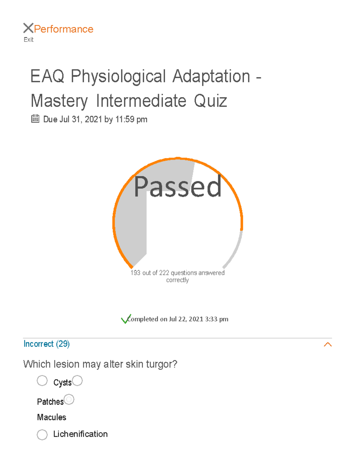 Elsevier Adaptive Quizzing Quiz performance Passed Completed on Jul