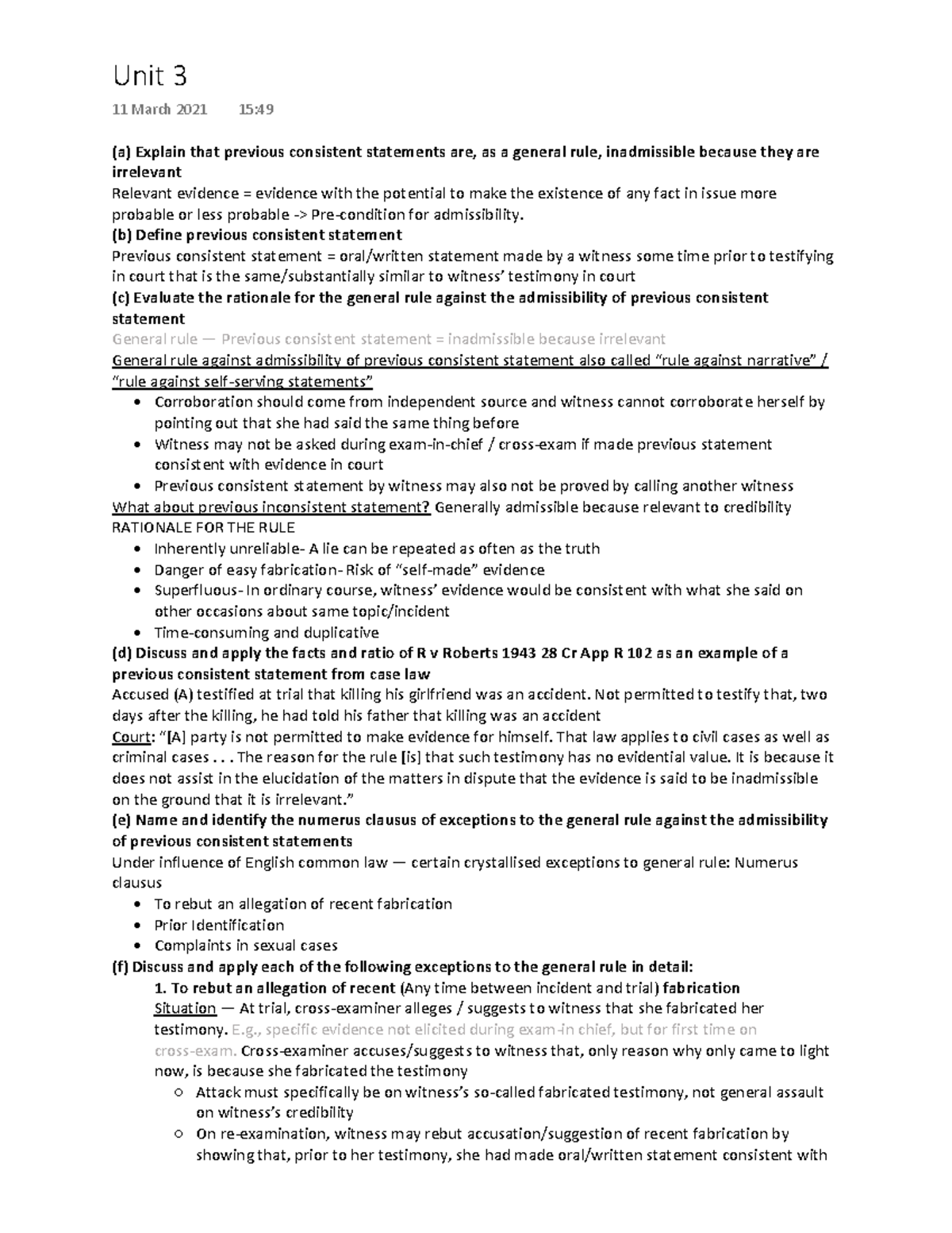 Unit 3 notes - Admissibility of previous consistent statements - - Studocu