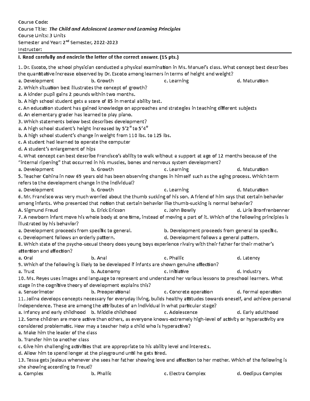 FTC 1 - Prelim Test Questionnaire - Course Code: Course Title: The ...