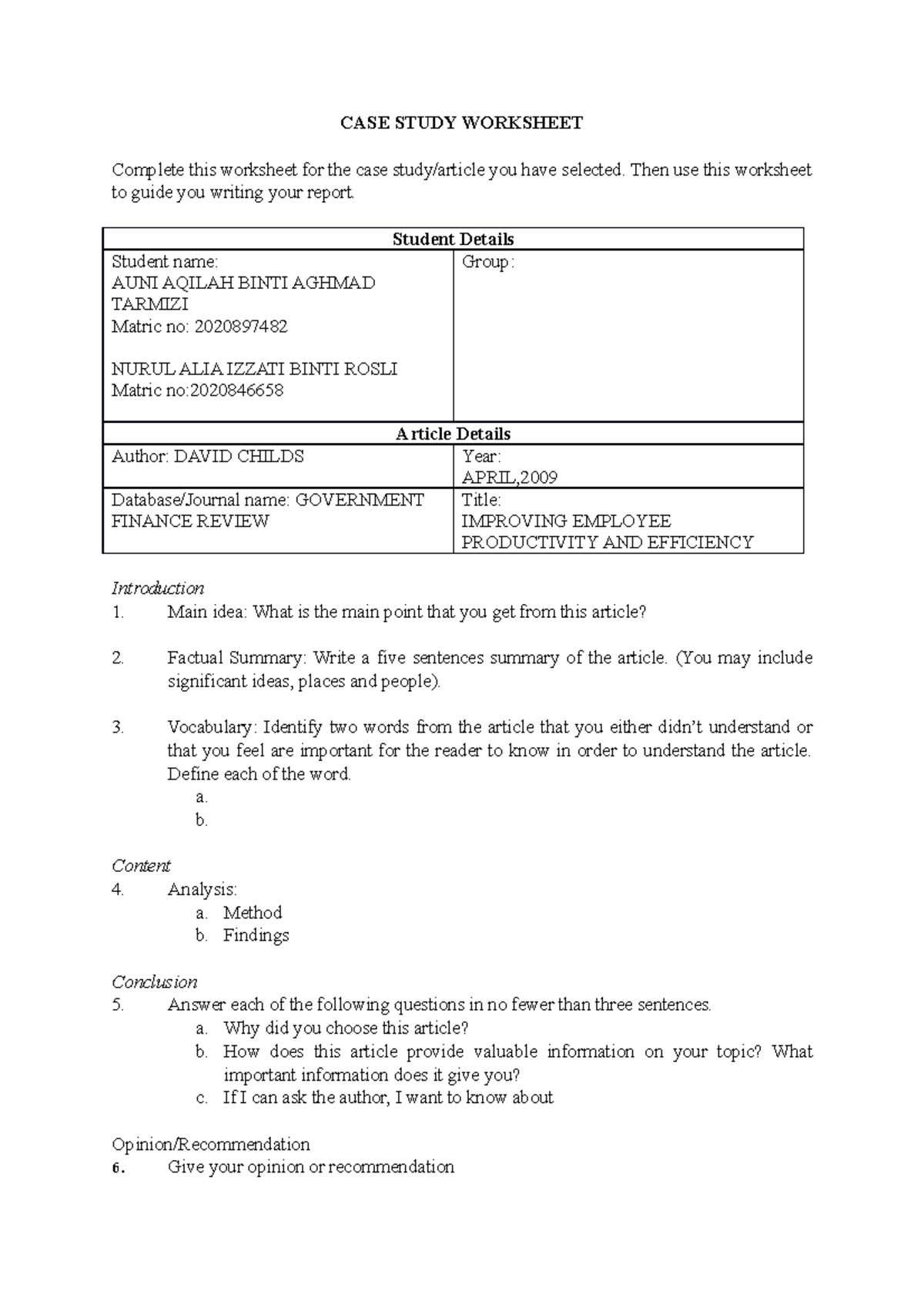 CASE Study Worksheet - Nothing - CASE STUDY WORKSHEET Complete This ...