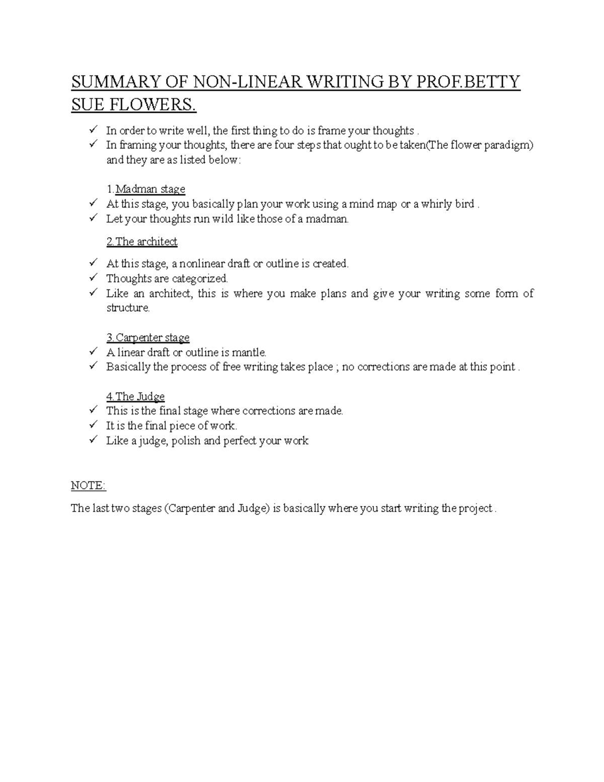 Summary Prof. Flowers SUMMARY OF WRITING BY PROF SUE