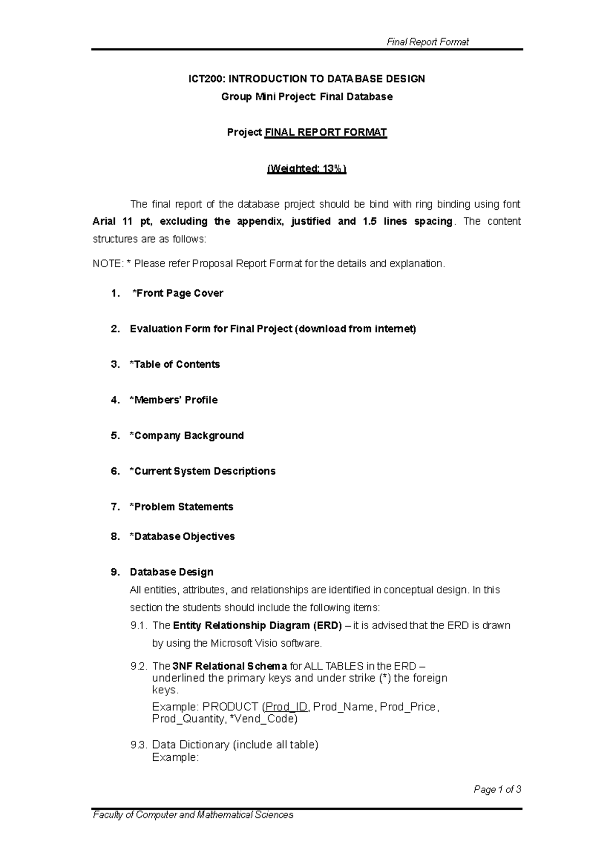 Final report format - submit - ICT200: INTRODUCTION TO DATABASE DESIGN ...