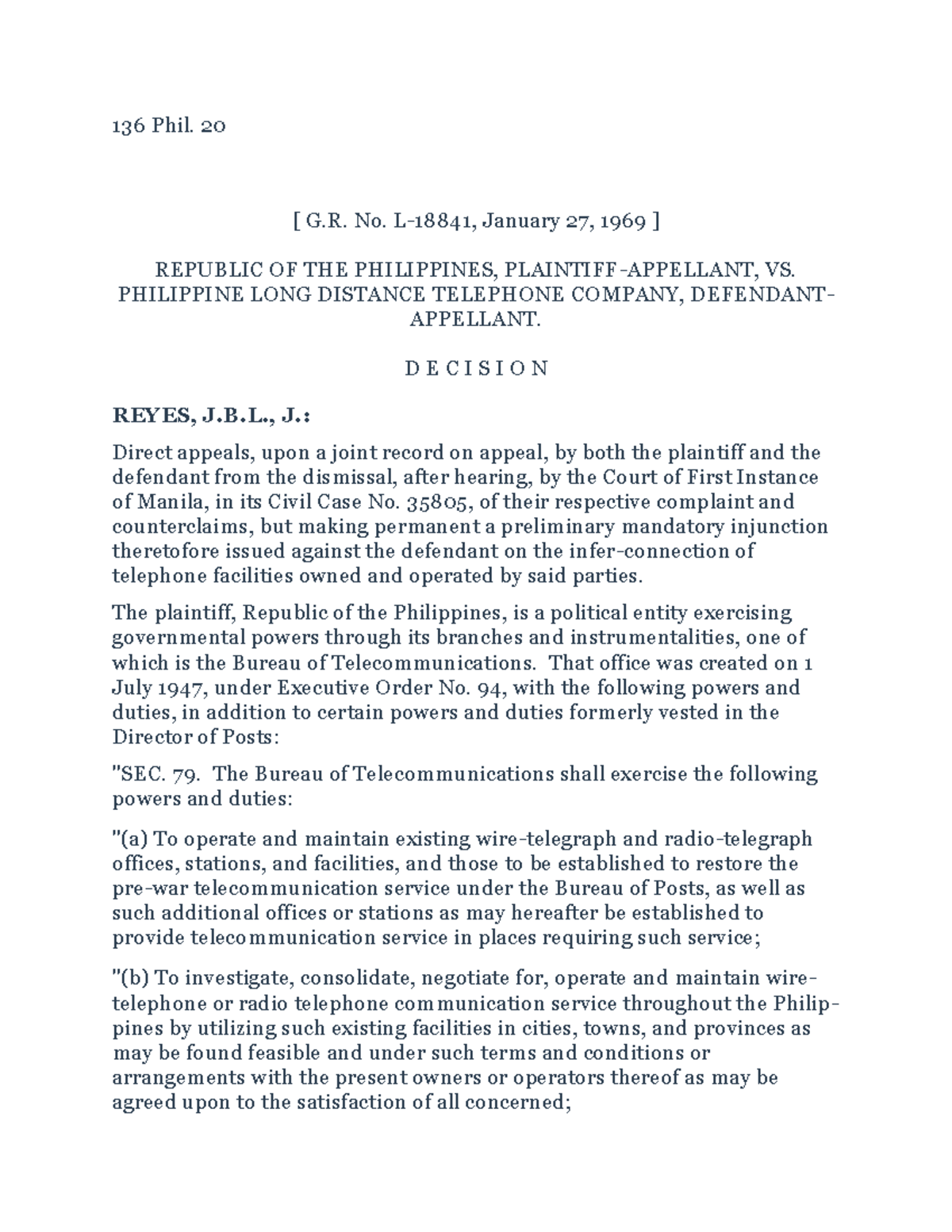 Republic of the Ph vs PLDT - 136 Phil. 20 [ G. No. L-18841, January 27 ...